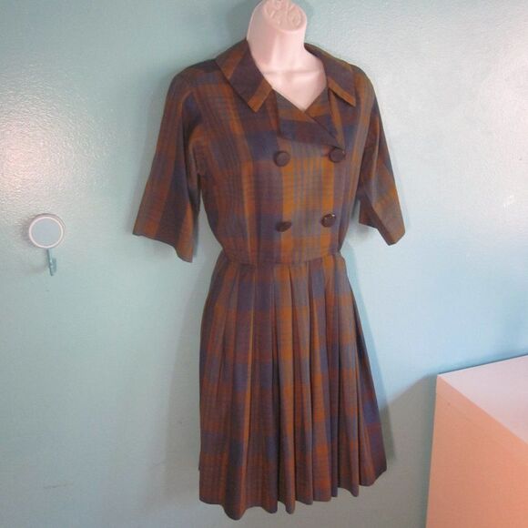 Vintage 50's Dress Serbin of Florida Muriel Ryan Fits Size M Blue Green Plaid - Picture 6 of 14